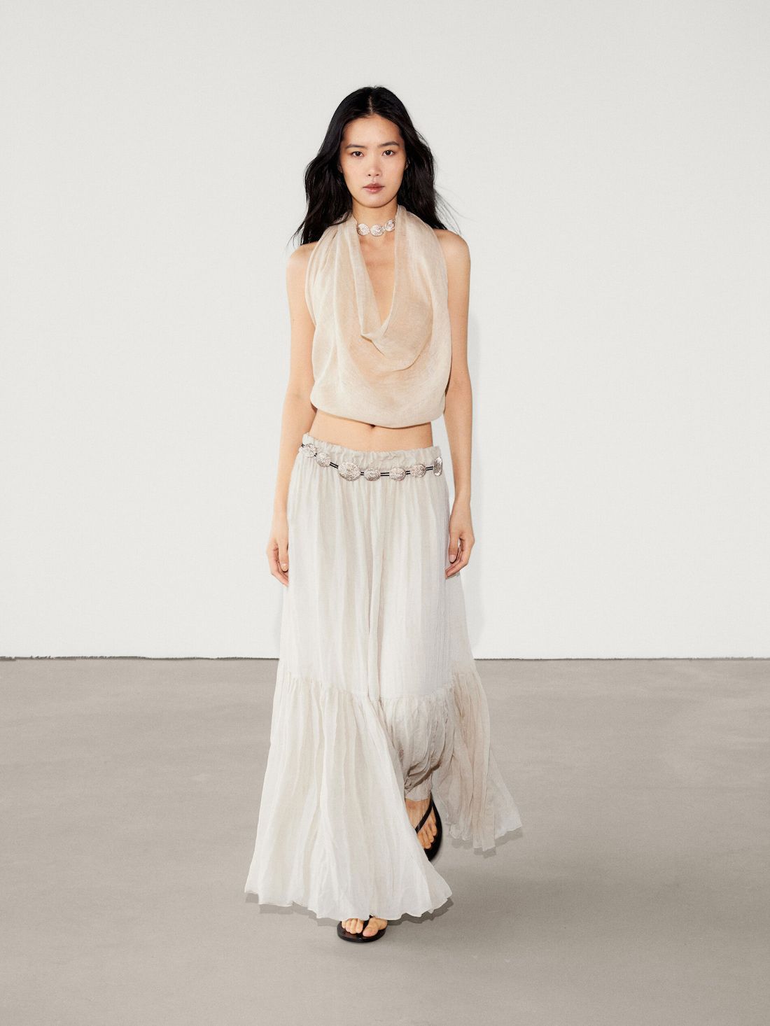 Massimo Dutti Pleated Ramie Blend Maxi Women Skirts Cream | US-YT7108423