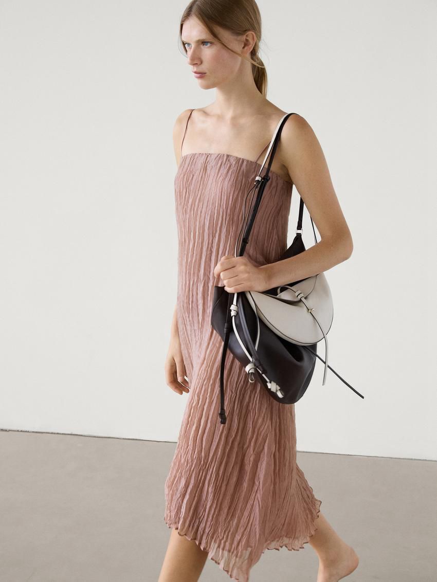 Massimo Dutti Pleated Strappy Midi Women Dress Pink | US-IO0572836