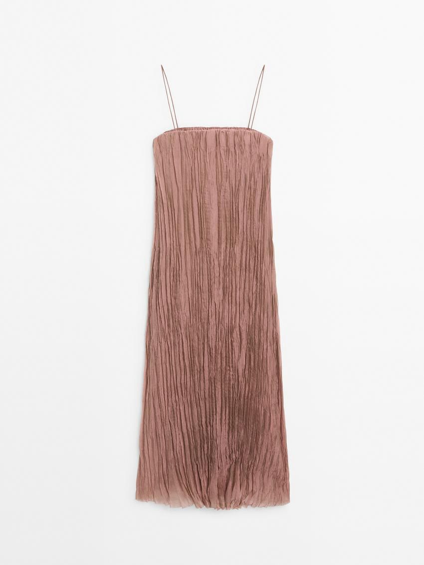 Massimo Dutti Pleated Strappy Midi Women Dress Pink | US-IO0572836