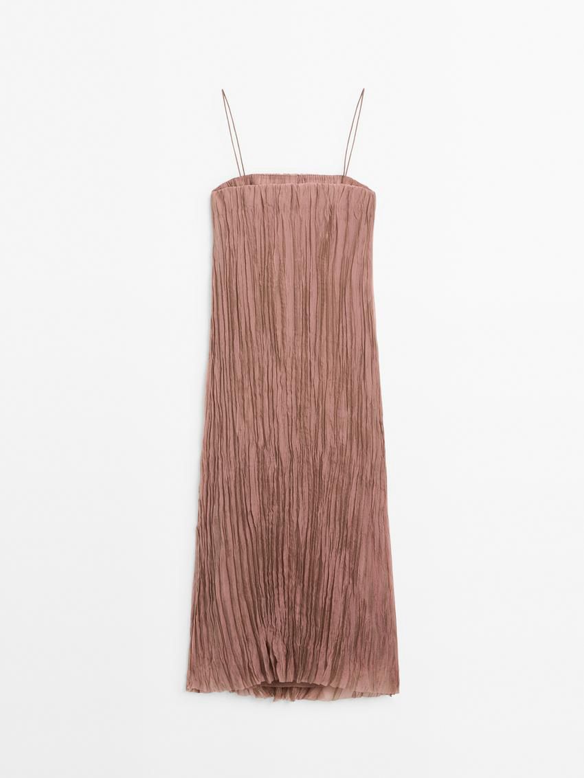 Massimo Dutti Pleated Strappy Midi Women Dress Pink | US-IO0572836