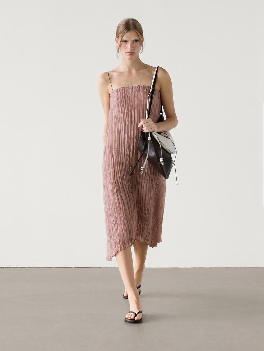 Massimo Dutti Pleated Strappy Midi Women Dress Pink | US-IO0572836