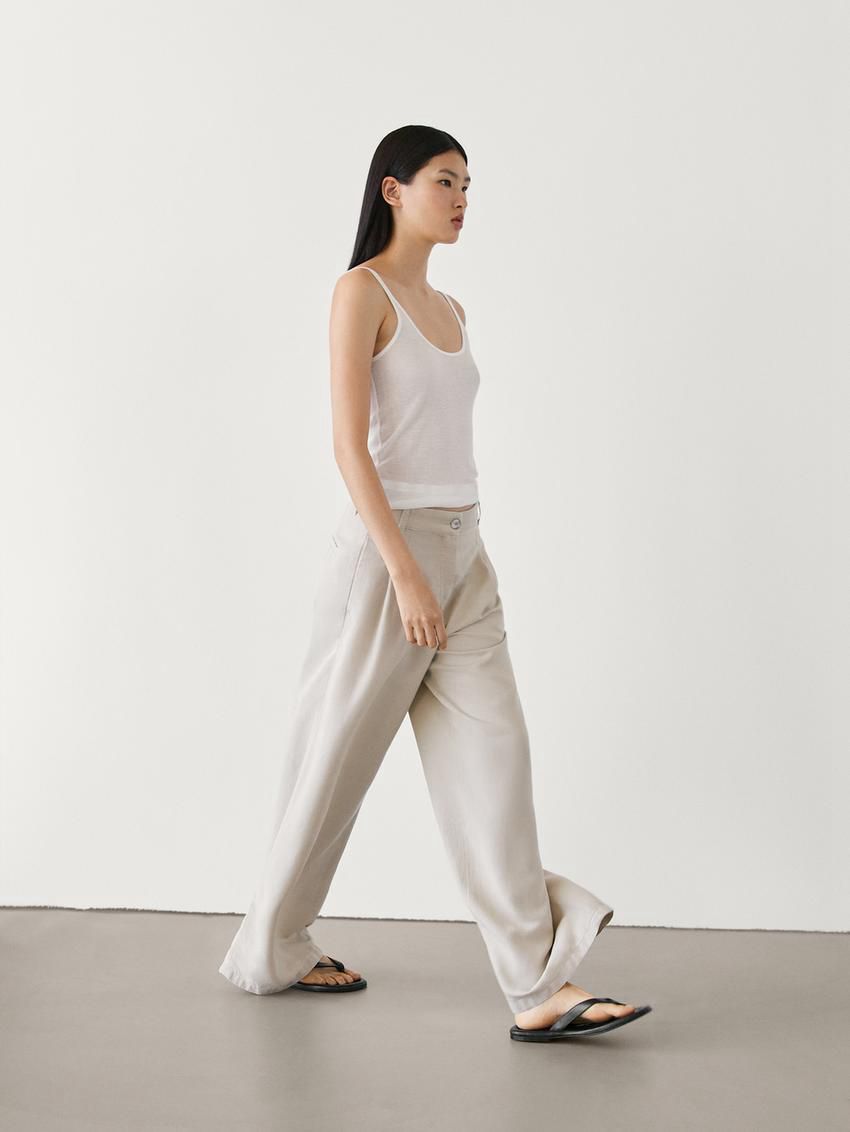Massimo Dutti Pleated Wide-leg Women Trousers Beige | US-UI5738902