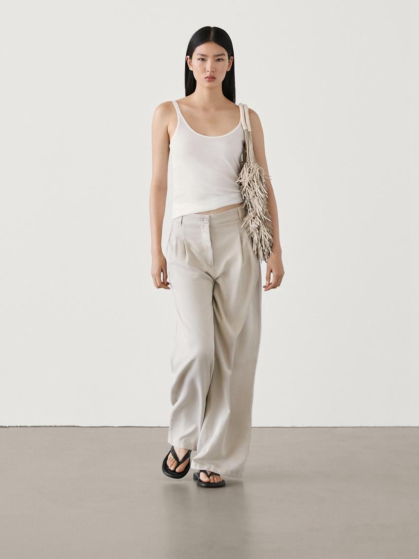 Massimo Dutti Pleated Wide-leg Women Trousers Beige | US-UI5738902