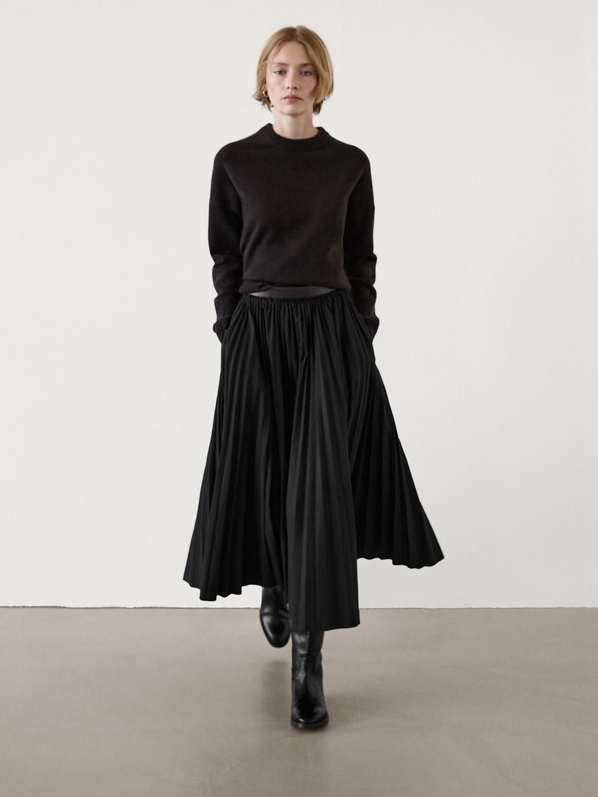 Massimo Dutti Pleated With Detail Women Leather Skirt Black | US-ED6528049