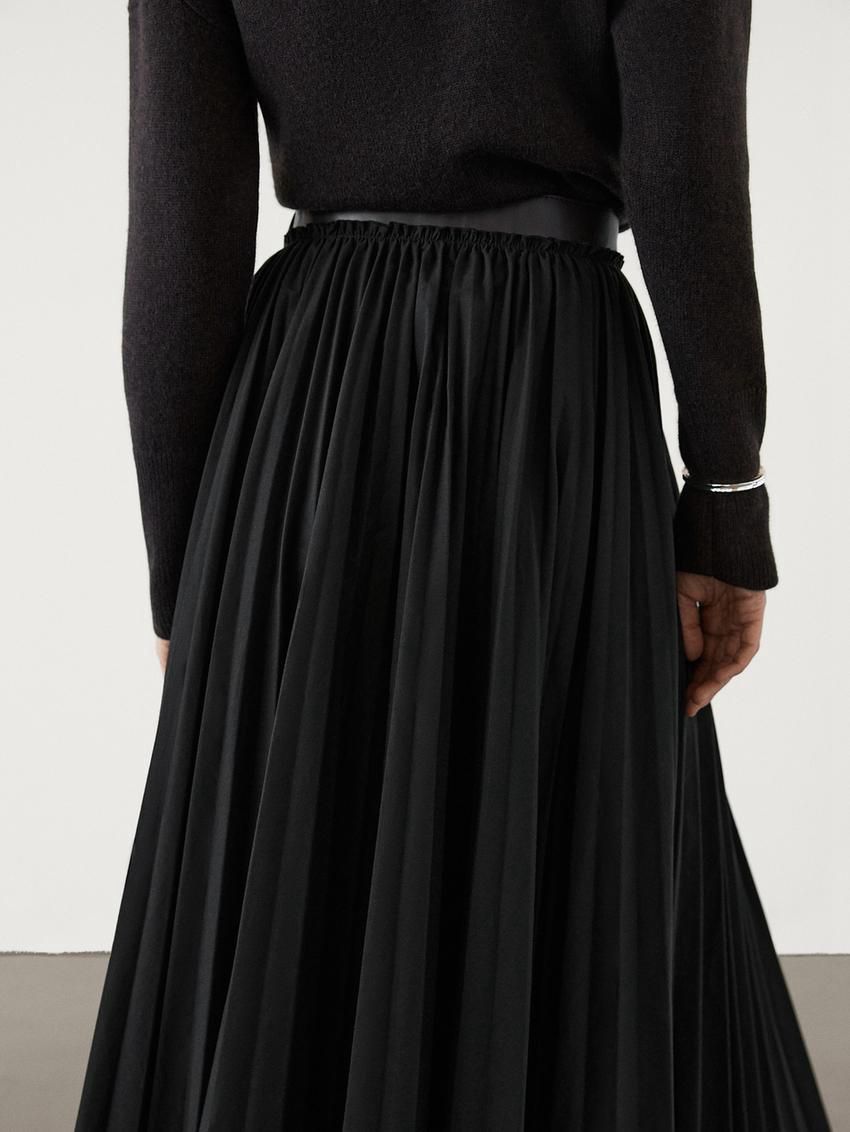 Massimo Dutti Pleated With Detail Women Leather Skirt Black | US-ED6528049