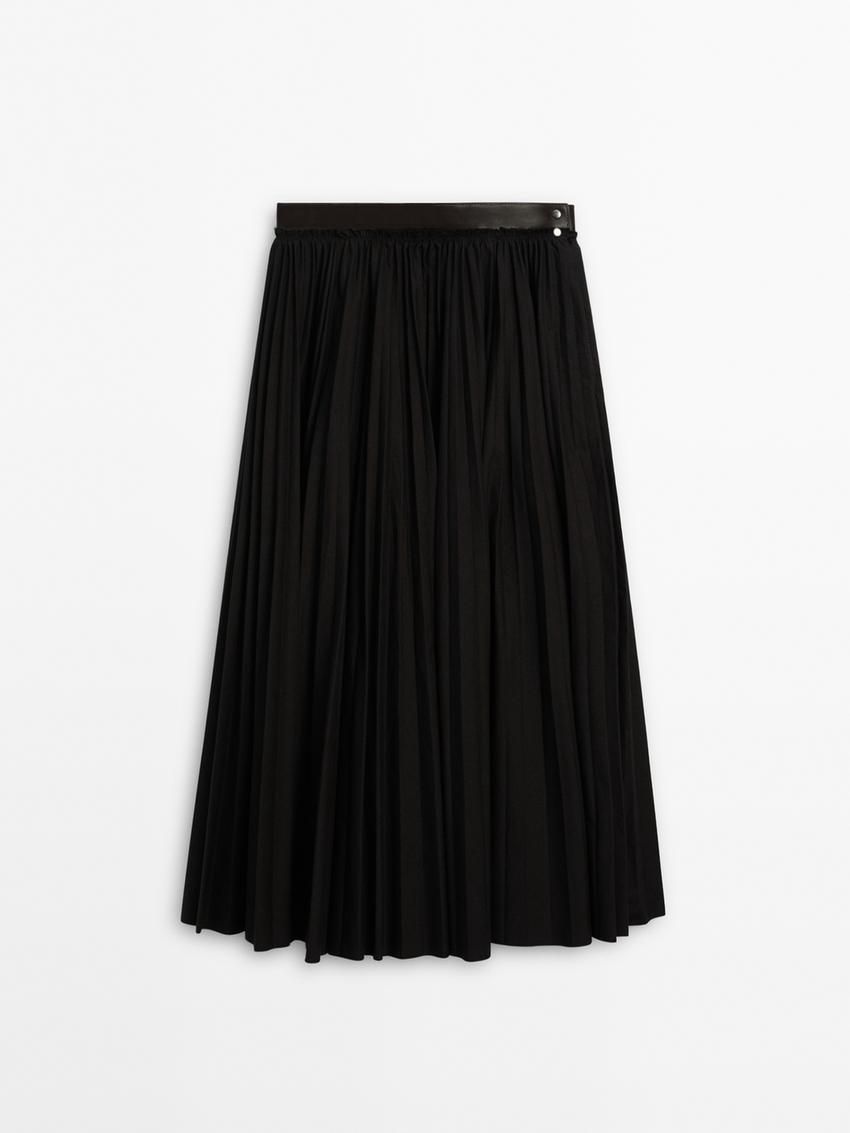 Massimo Dutti Pleated With Detail Women Leather Skirt Black | US-ED6528049