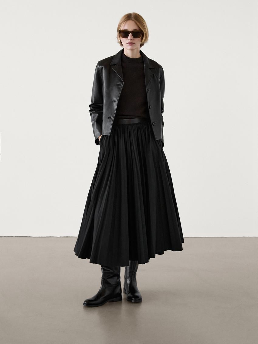 Massimo Dutti Pleated With Detail Women Leather Skirt Black | US-ED6528049