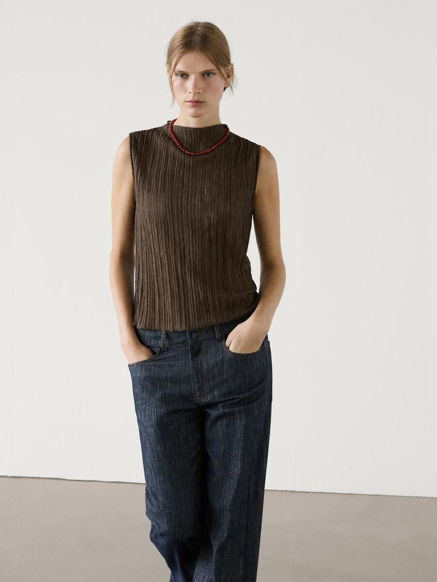 Massimo Dutti Pleated With Funnel Neck Women Top Dark Brown | US-QB3981674