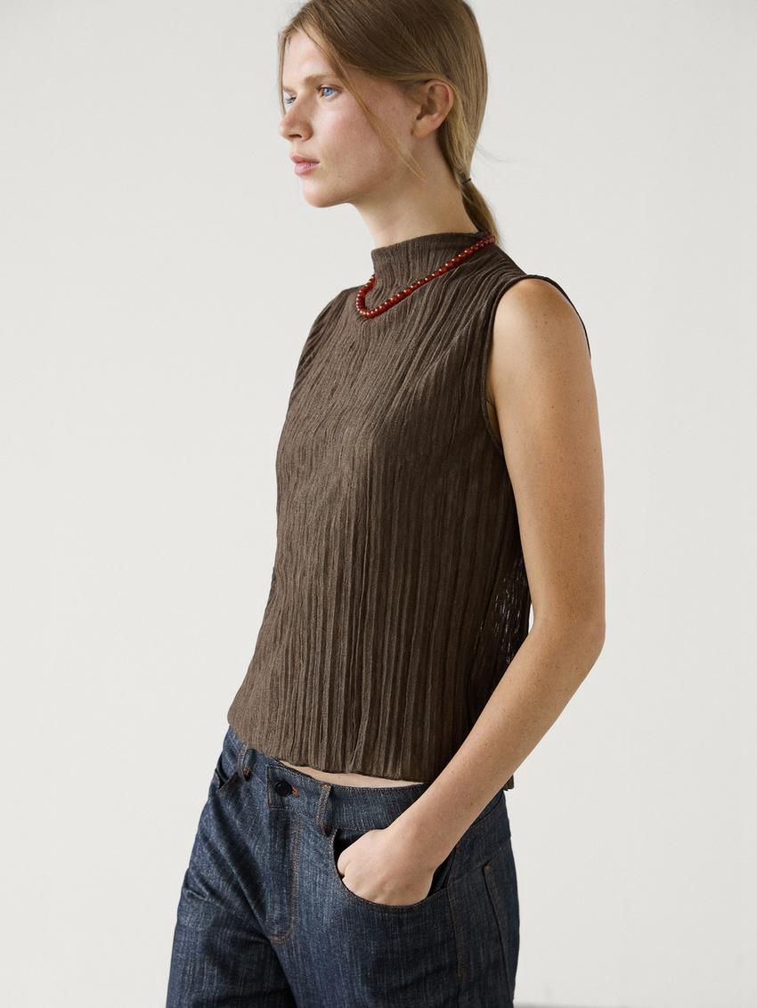 Massimo Dutti Pleated With Funnel Neck Women Top Dark Brown | US-QB3981674