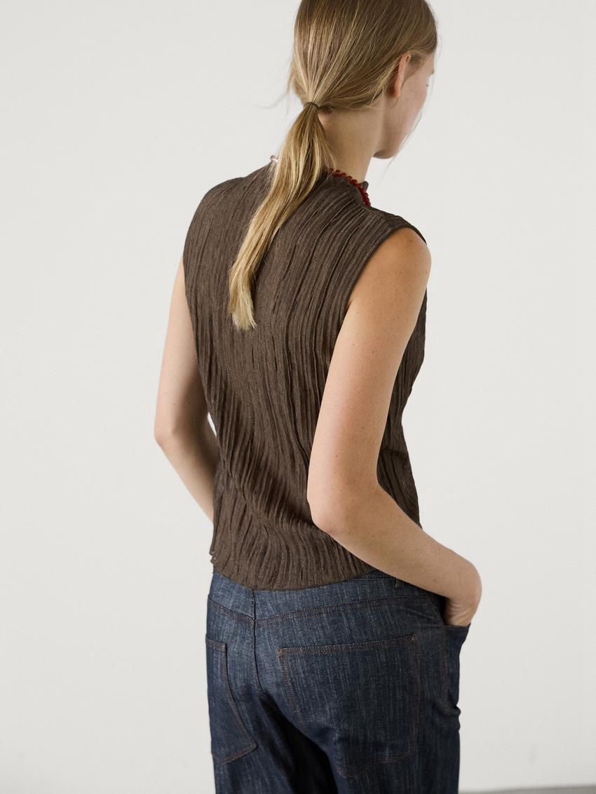 Massimo Dutti Pleated With Funnel Neck Women Top Dark Brown | US-QB3981674