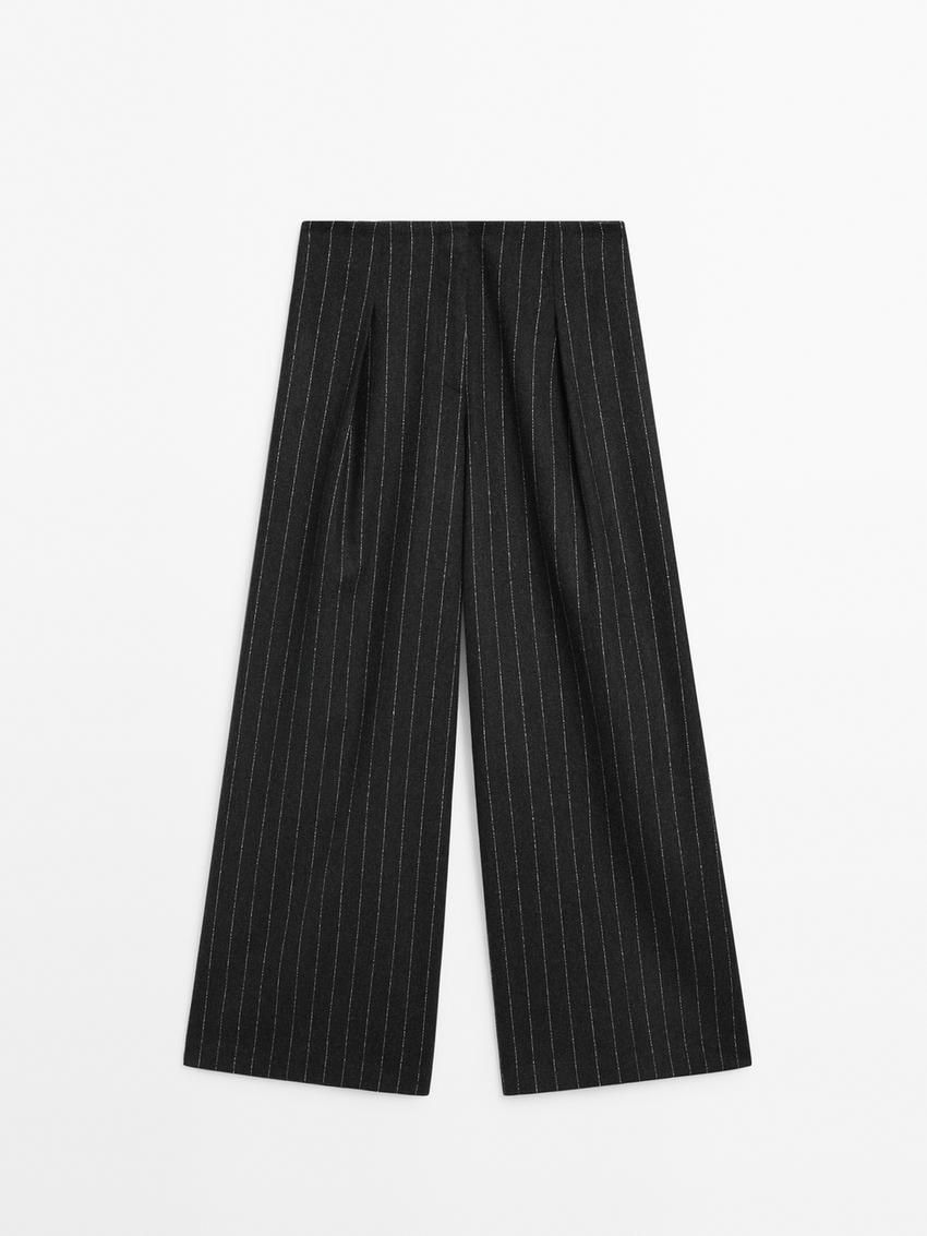 Massimo Dutti Pleated Wool Blend Palazzo Women Trousers Dark Grey | US-GW6092841
