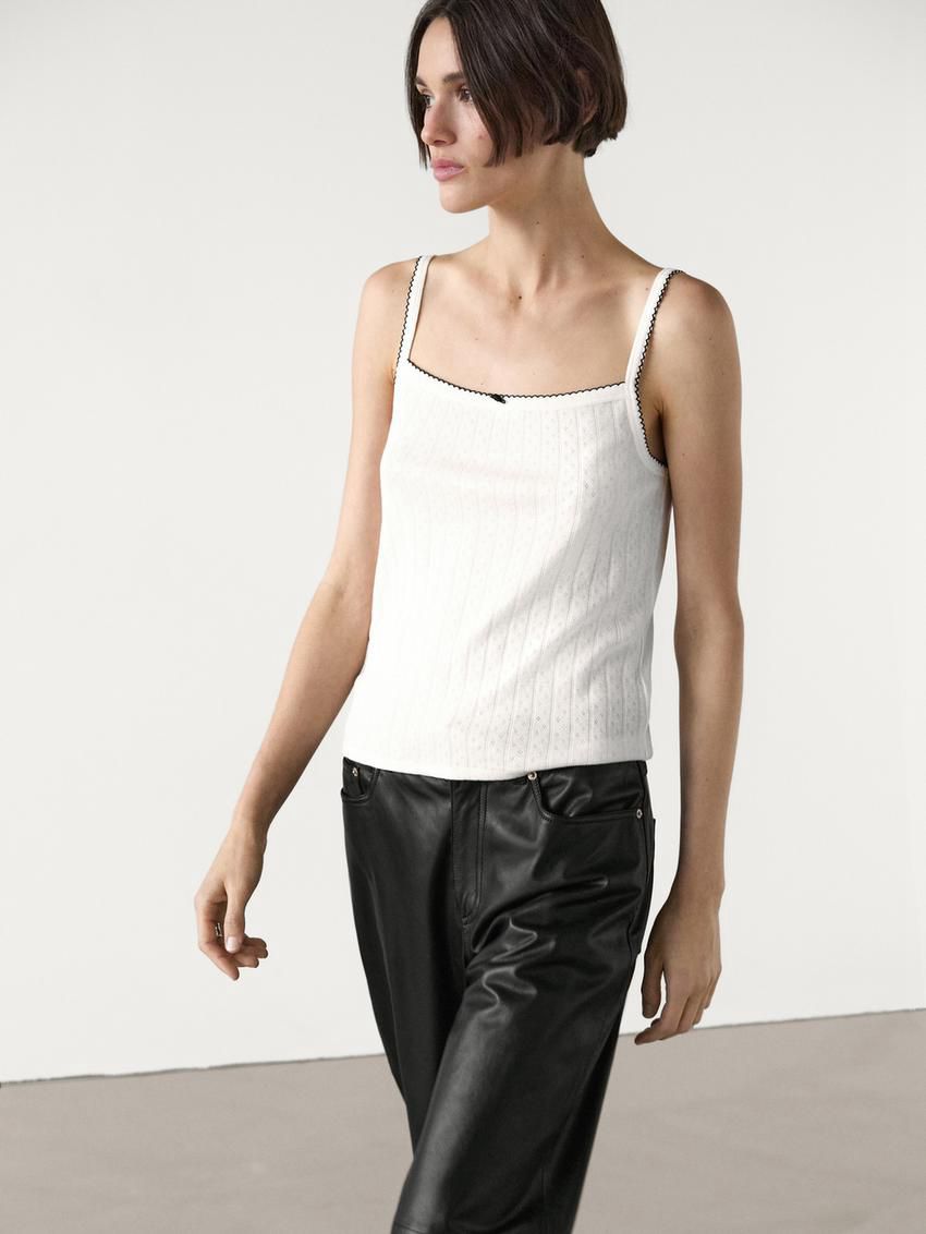 Massimo Dutti Pointelle With Bow Detail Women Top Cream | US-AC6487139