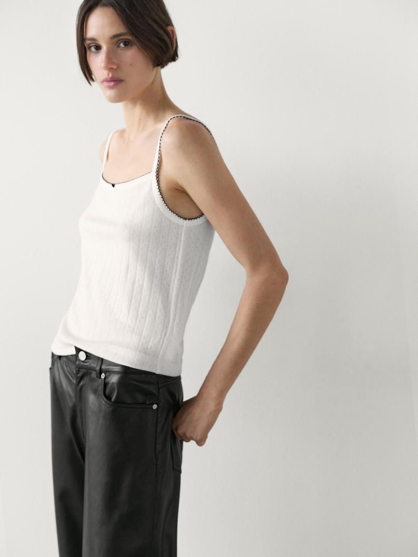 Massimo Dutti Pointelle With Bow Detail Women Top Cream | US-AC6487139