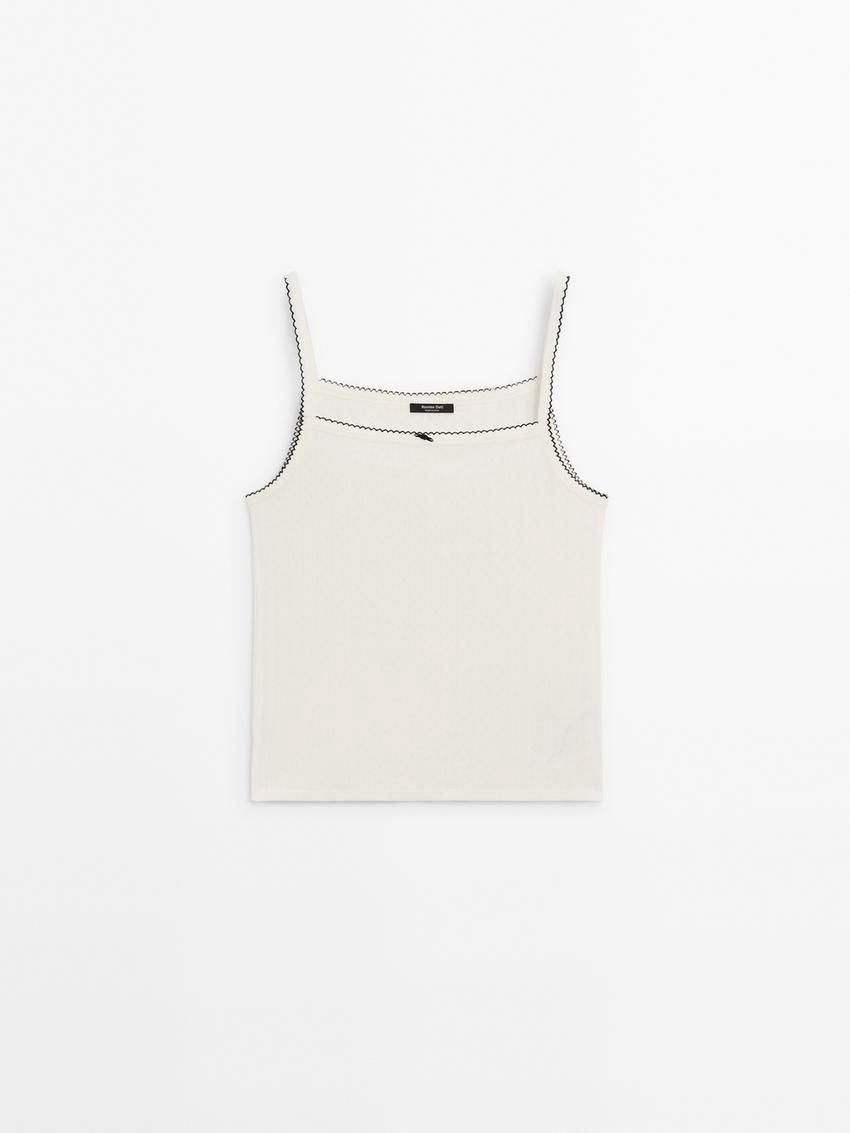 Massimo Dutti Pointelle With Bow Detail Women Top Cream | US-AC6487139