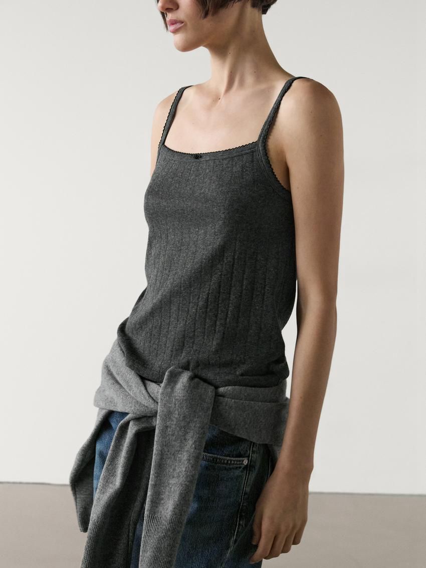 Massimo Dutti Pointelle With Bow Detail Women Top Dark Grey | US-HR4521369