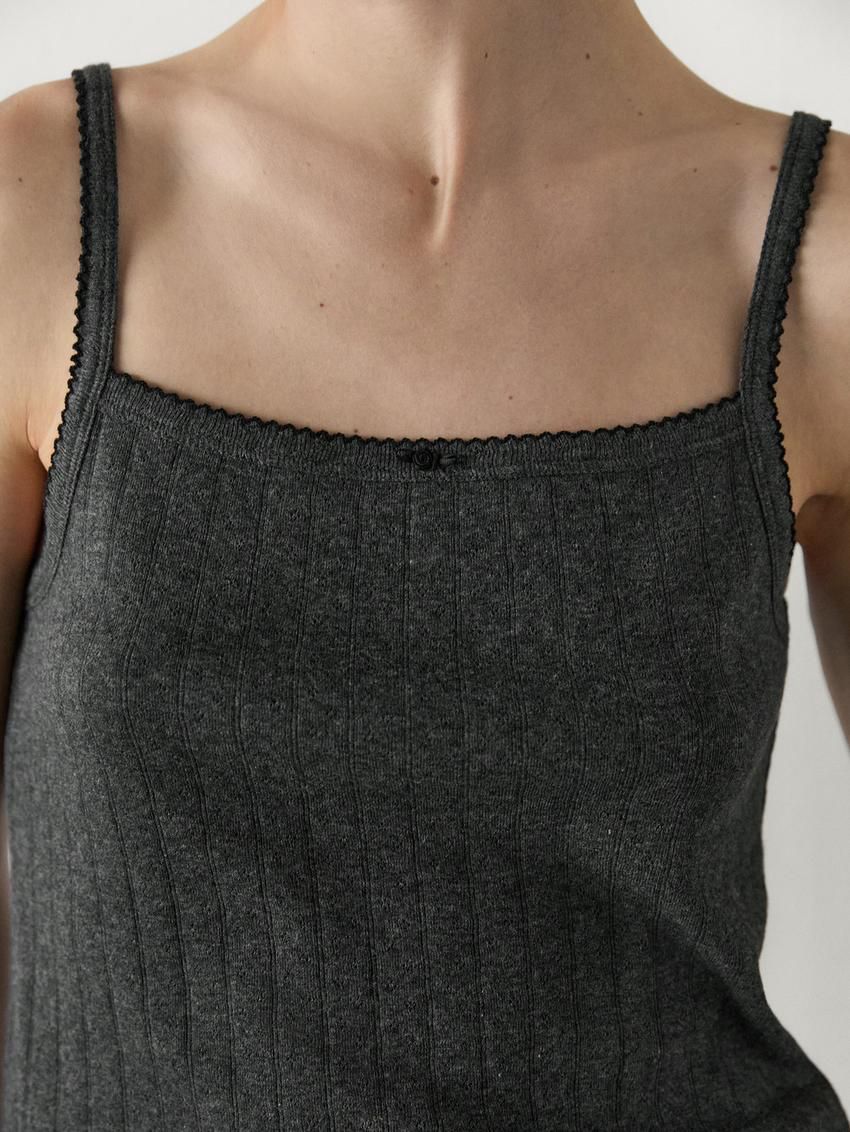 Massimo Dutti Pointelle With Bow Detail Women Top Dark Grey | US-HR4521369