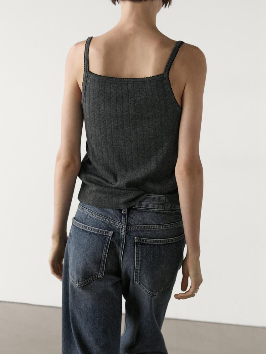 Massimo Dutti Pointelle With Bow Detail Women Top Dark Grey | US-HR4521369