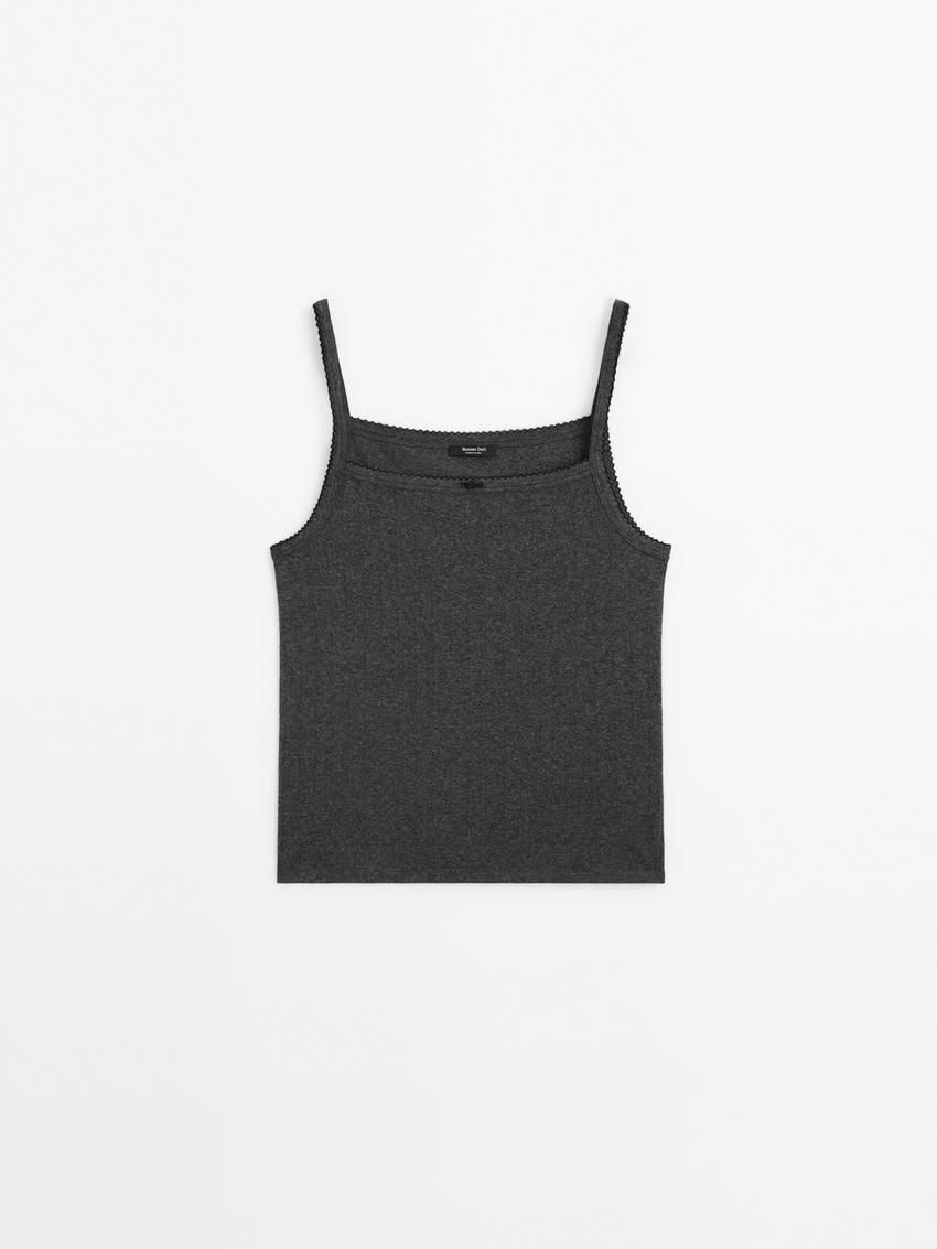 Massimo Dutti Pointelle With Bow Detail Women Top Dark Grey | US-HR4521369