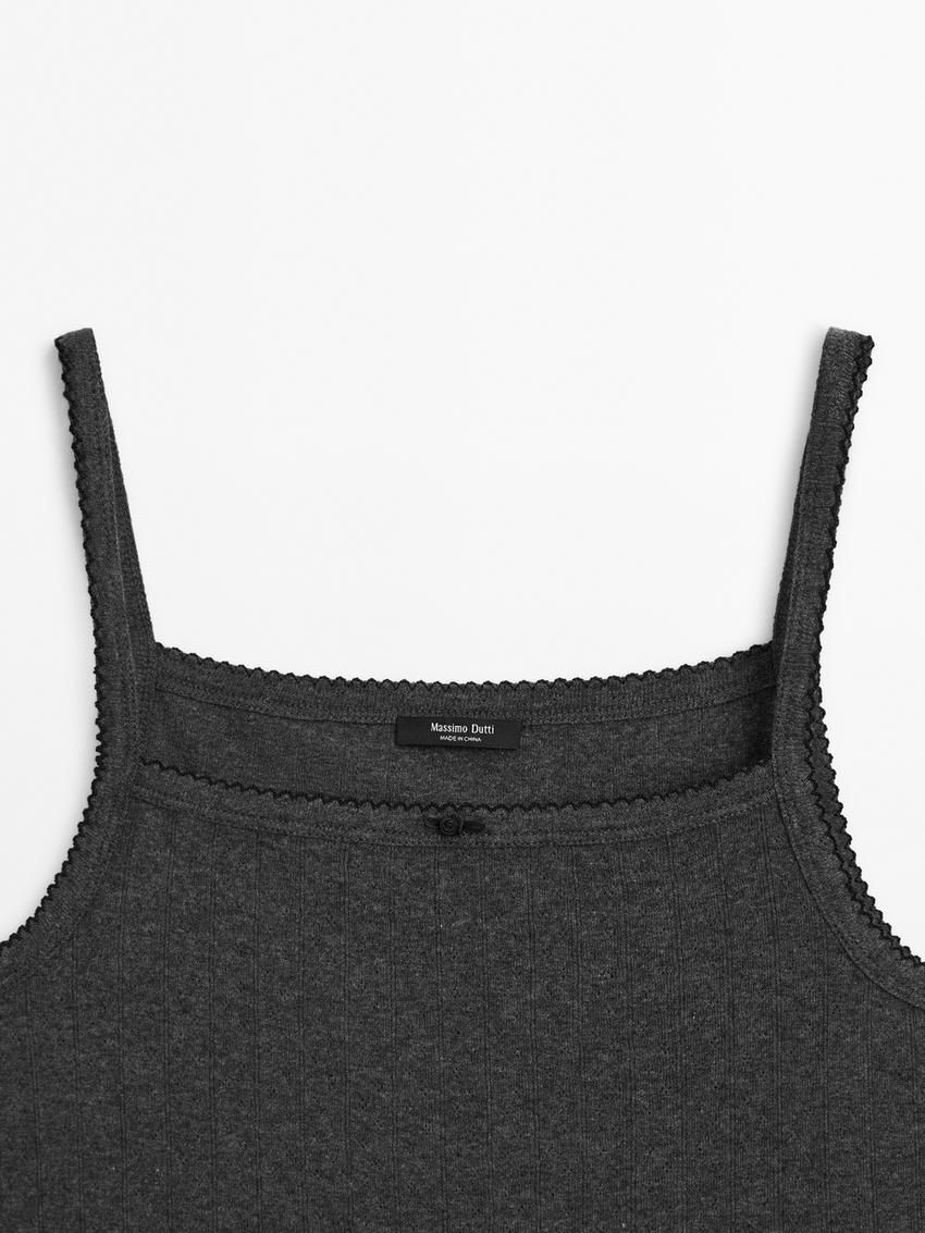 Massimo Dutti Pointelle With Bow Detail Women Top Dark Grey | US-HR4521369