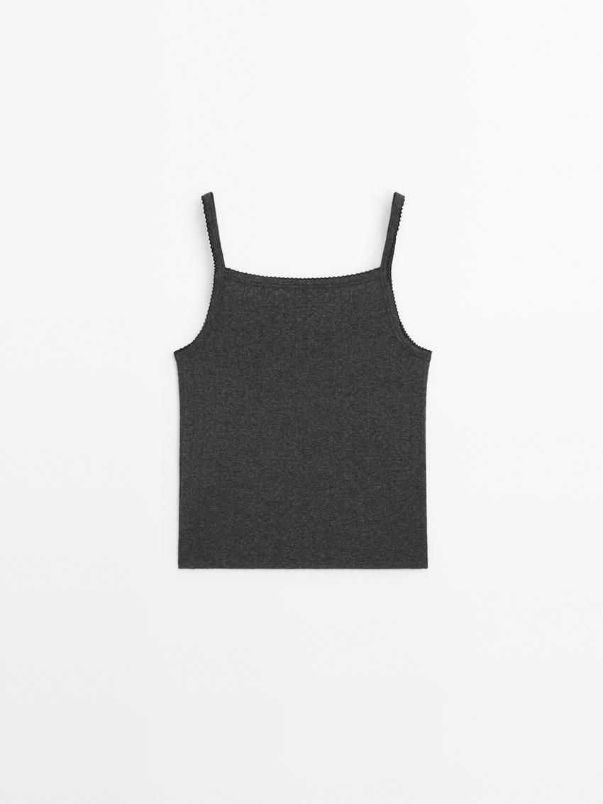 Massimo Dutti Pointelle With Bow Detail Women Top Dark Grey | US-HR4521369