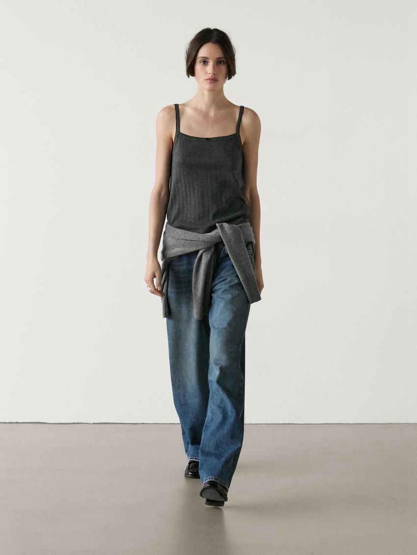 Massimo Dutti Pointelle With Bow Detail Women Top Dark Grey | US-HR4521369