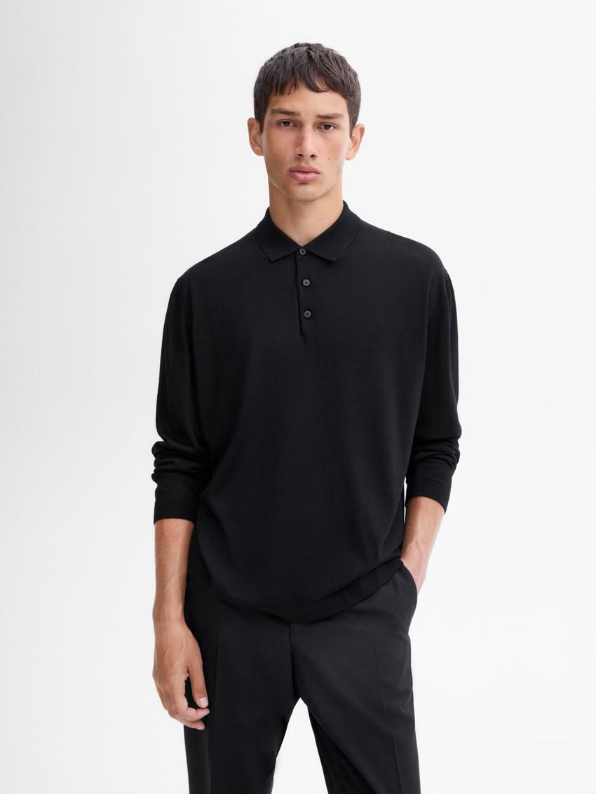 Massimo Dutti Polo Collar In Merino Wool Men Sweater Black | US-GM4190726