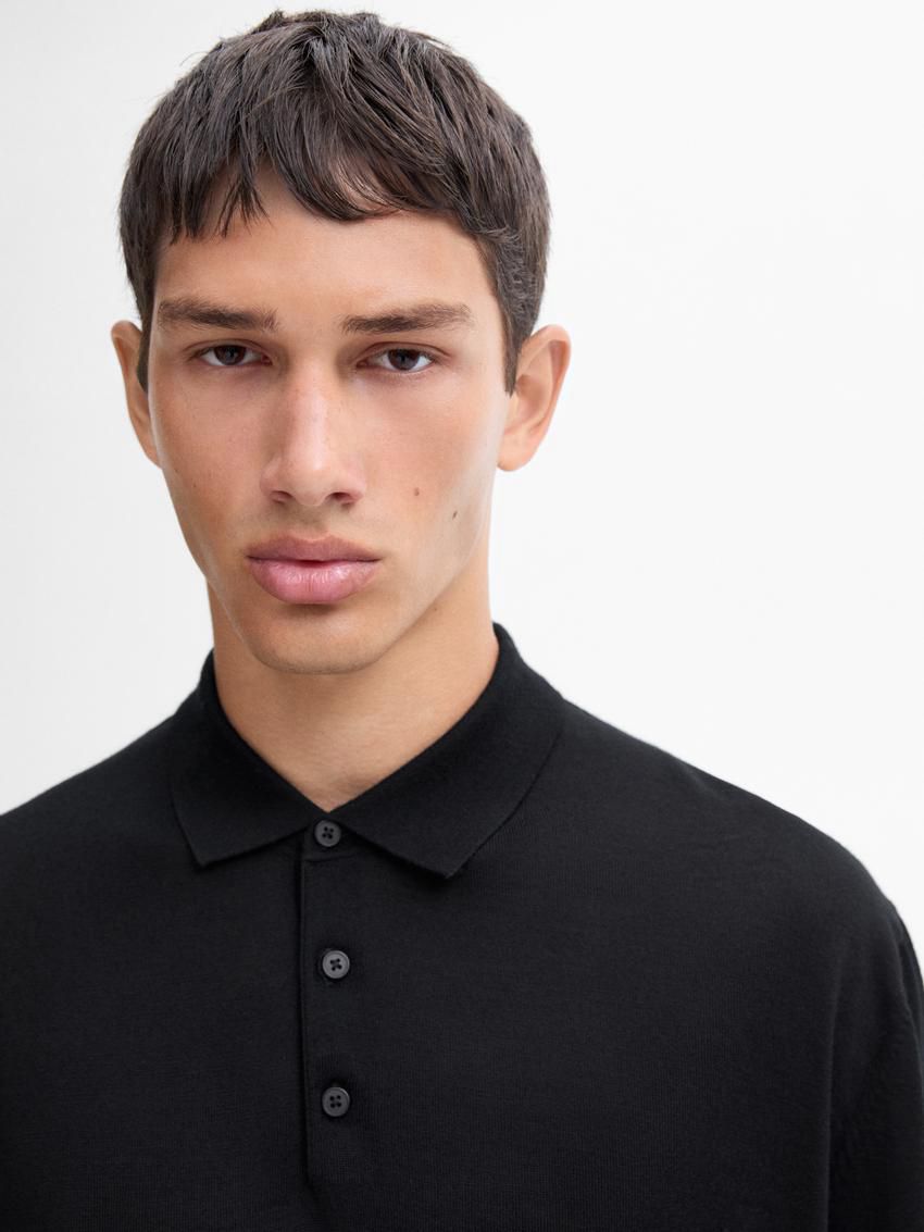 Massimo Dutti Polo Collar In Merino Wool Men Sweater Black | US-GM4190726