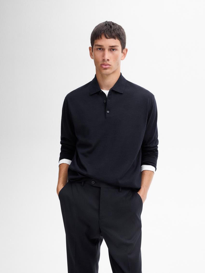 Massimo Dutti Polo Collar In Merino Wool Men Sweater Navy | US-KH0572439