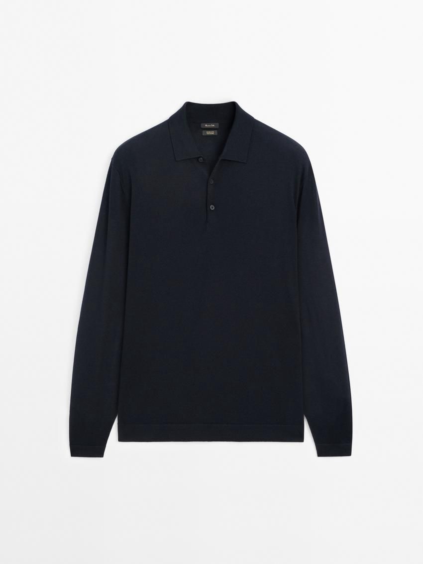 Massimo Dutti Polo Collar In Merino Wool Men Sweater Navy | US-KH0572439