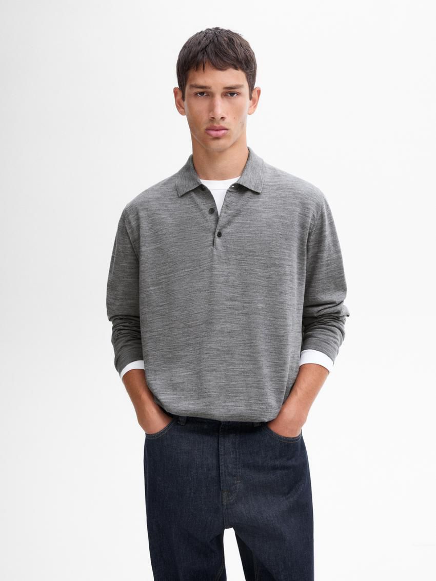 Massimo Dutti Polo Collar In Merino Wool Men Sweater Grey | US-QT9780254