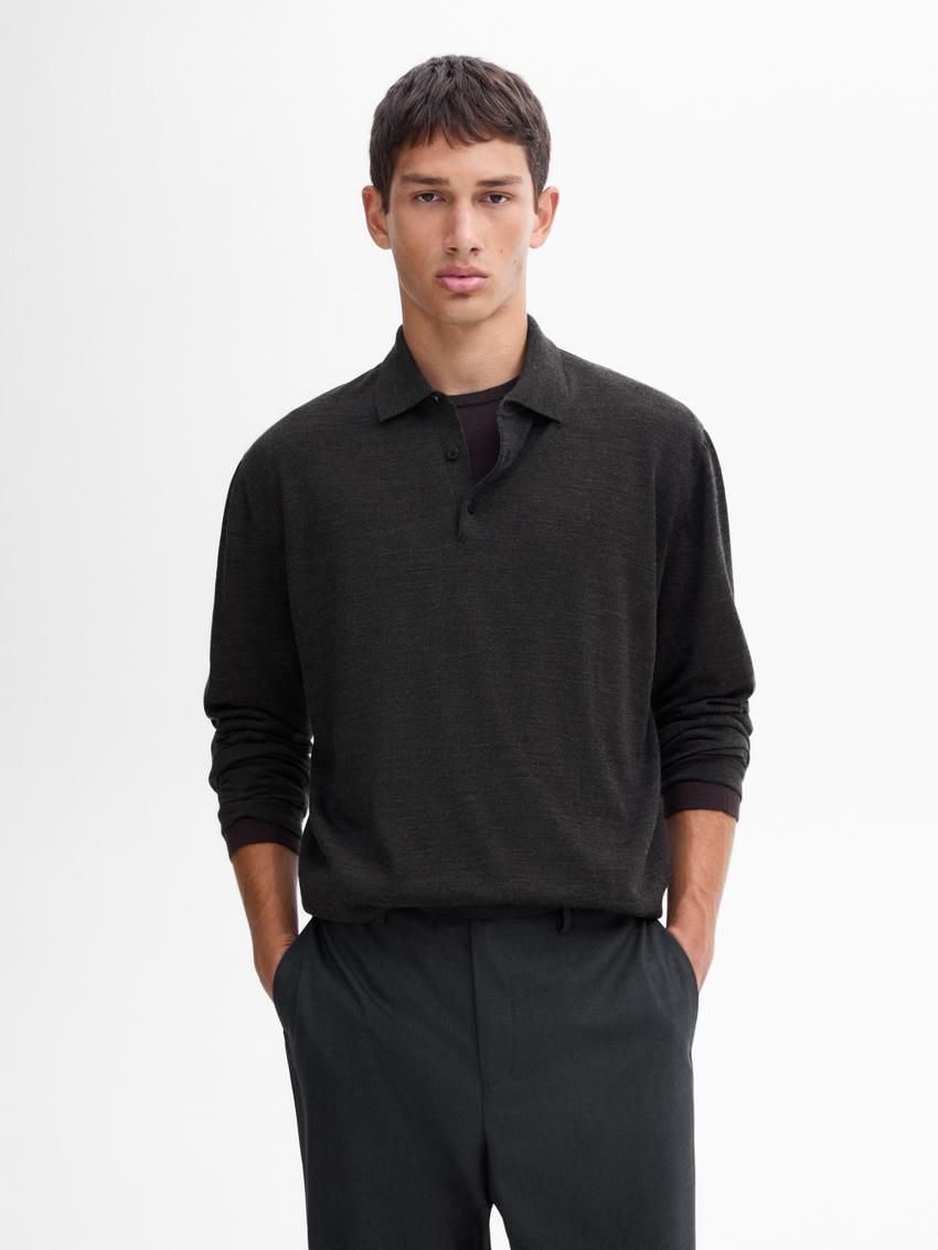 Massimo Dutti Polo Collar In Merino Wool Men Sweater Dark Grey | US-TY4568029