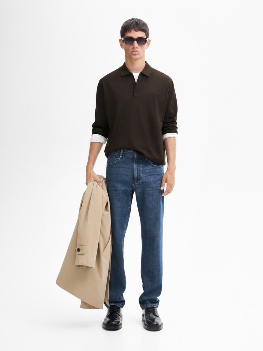 Massimo Dutti Polo Collar In Merino Wool Men Sweater Dark Khaki | US-YD5370619