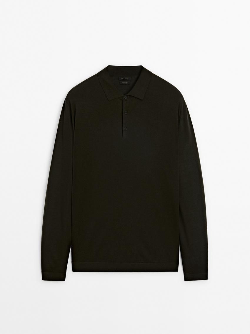 Massimo Dutti Polo Collar In Merino Wool Men Sweater Dark Khaki | US-YD5370619