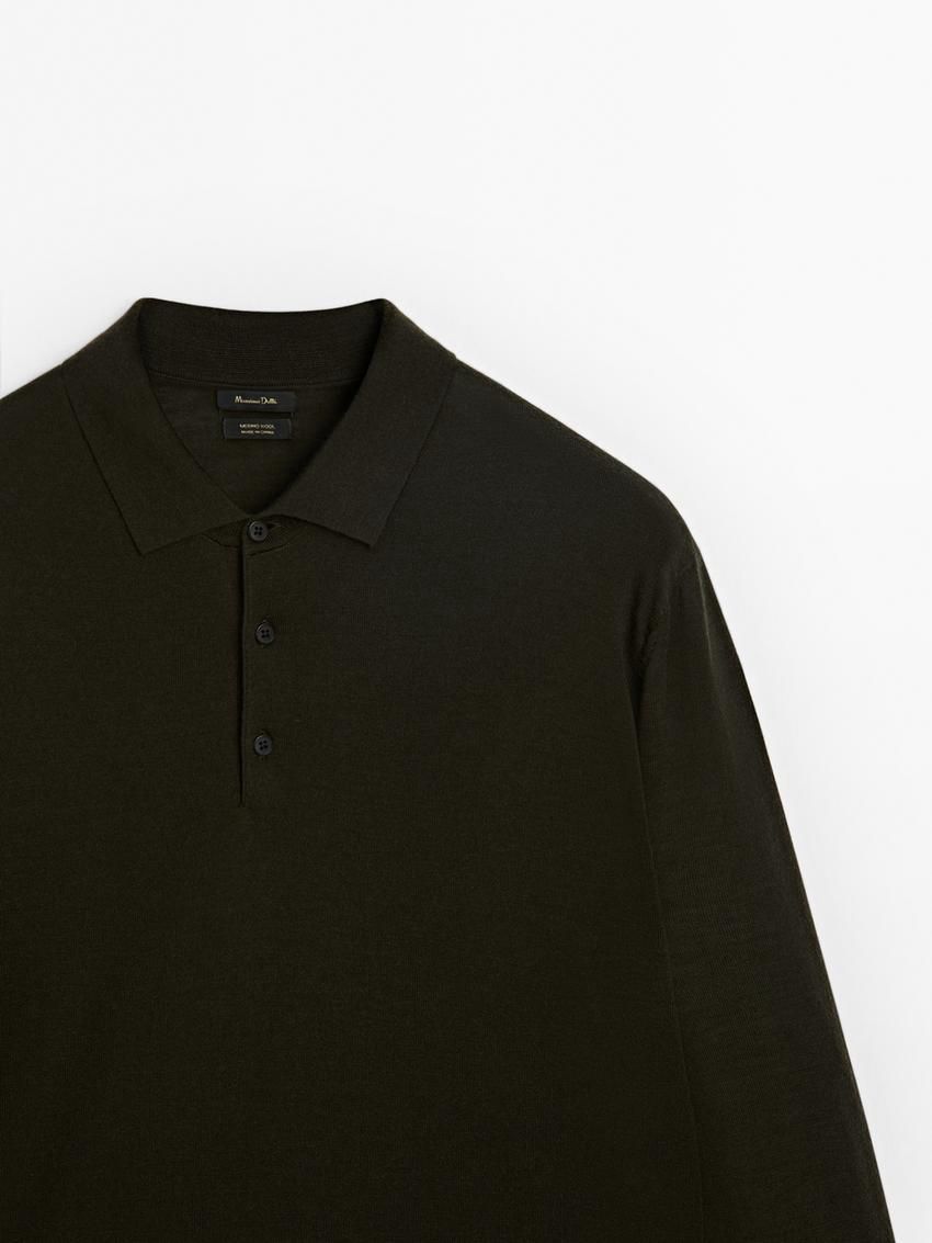 Massimo Dutti Polo Collar In Merino Wool Men Sweater Dark Khaki | US-YD5370619