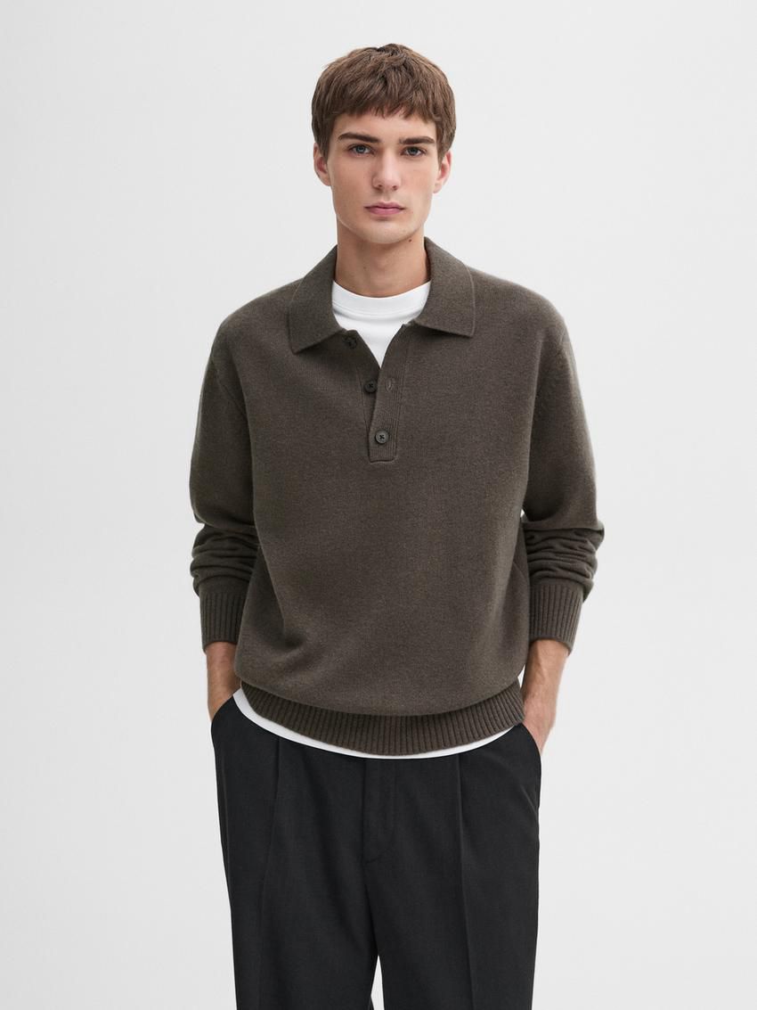 Massimo Dutti Polo Knit Wool Men Jumpers Dark Brown | US-BR1329706