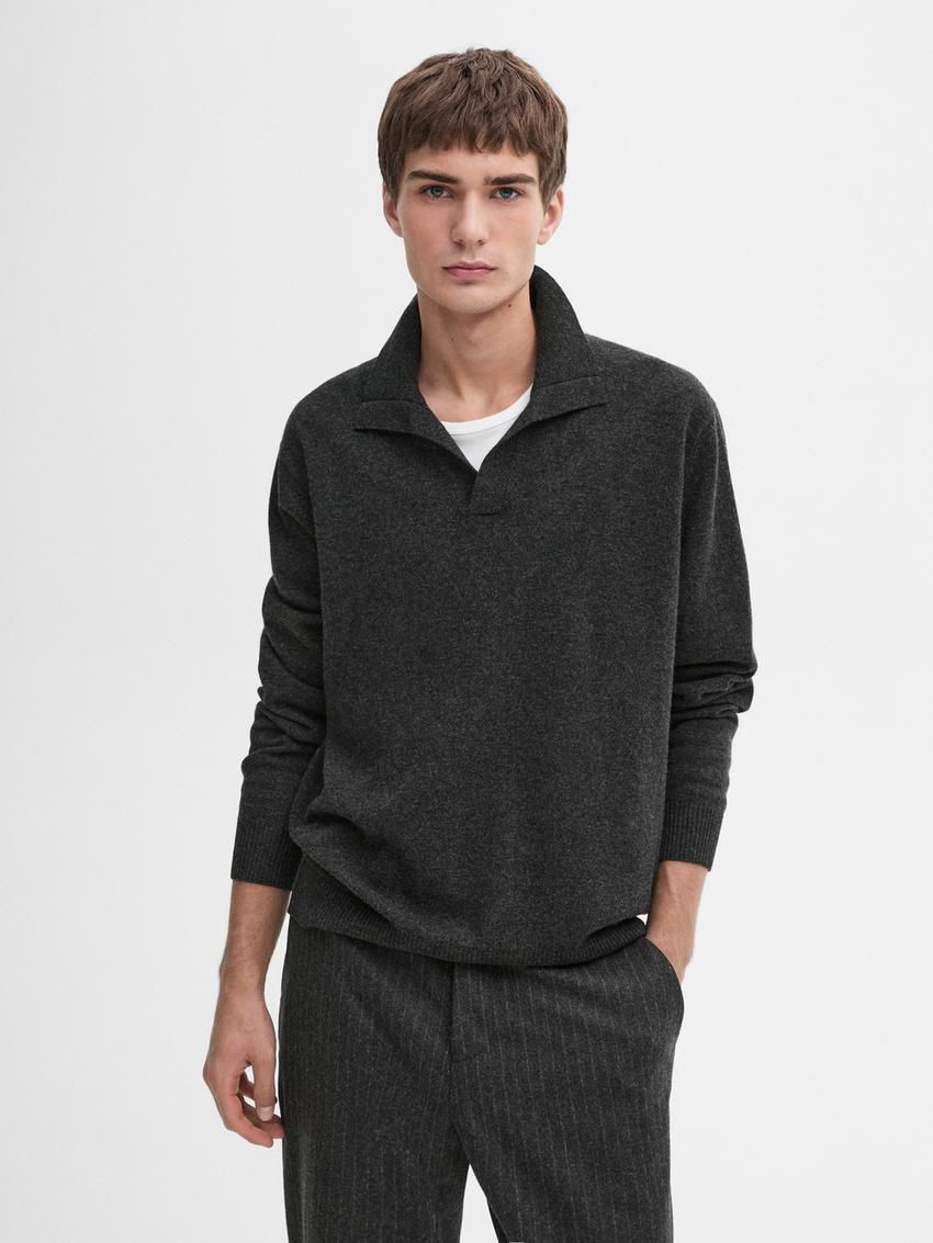 Massimo Dutti Polo Knit Wool Men Jumpers Dark Grey | US-HG2935718
