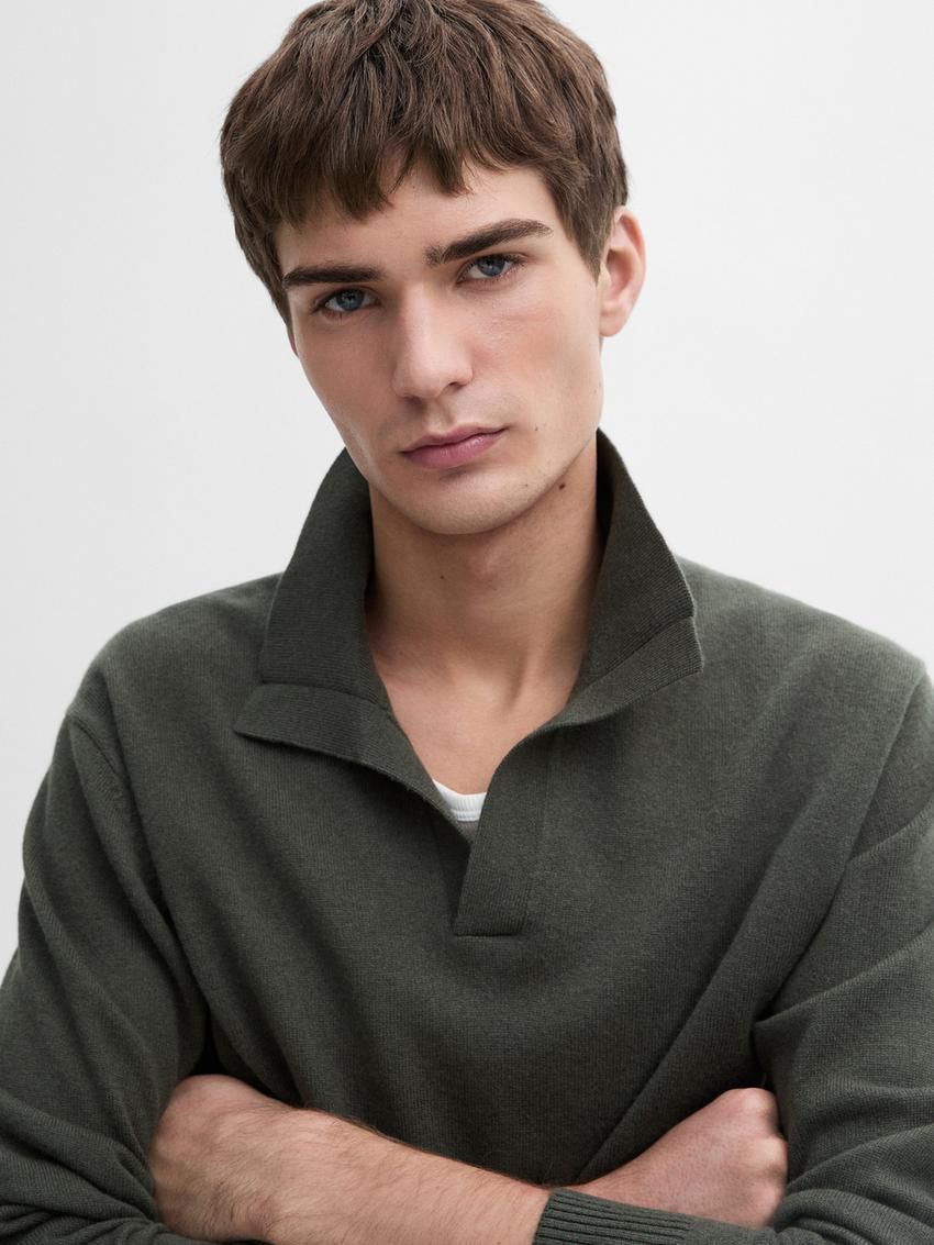 Massimo Dutti Polo Knit Wool Men Jumpers Dark Green | US-RP0746935