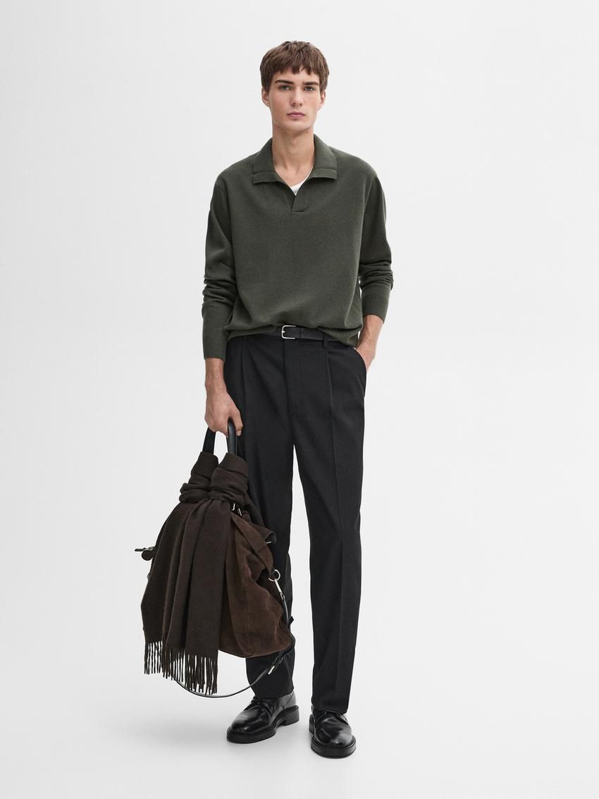 Massimo Dutti Polo Knit Wool Men Jumpers Dark Green | US-RP0746935