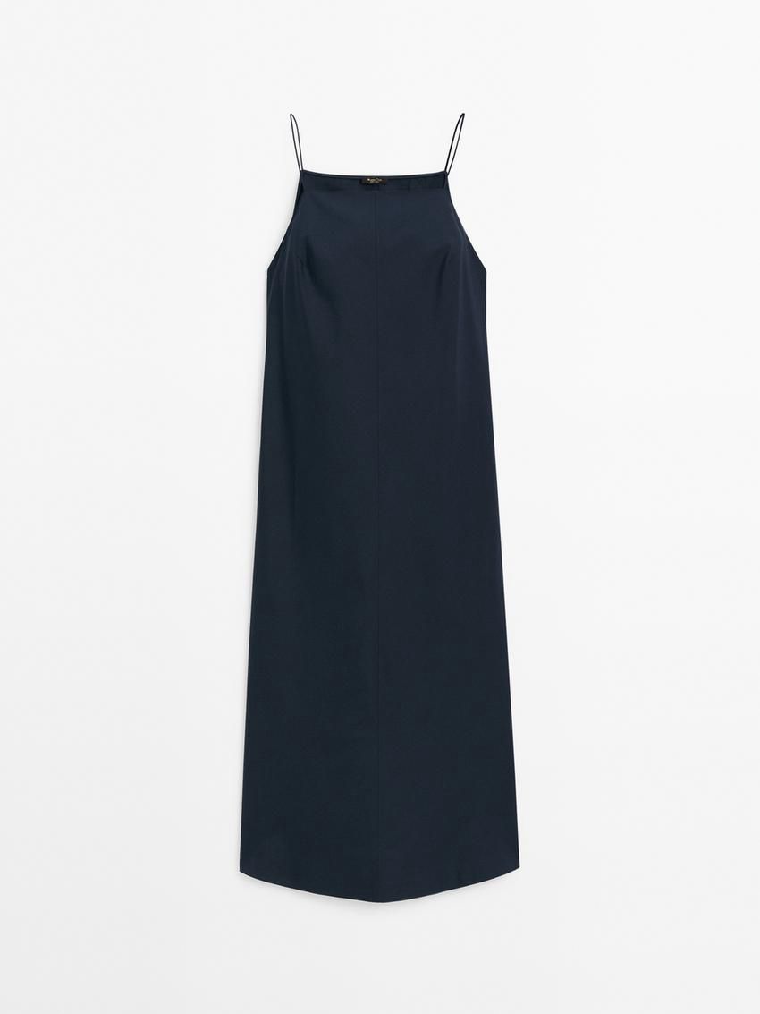 Massimo Dutti Poplin Midi With Straps Women Dress Dark Blue | US-SF4653092