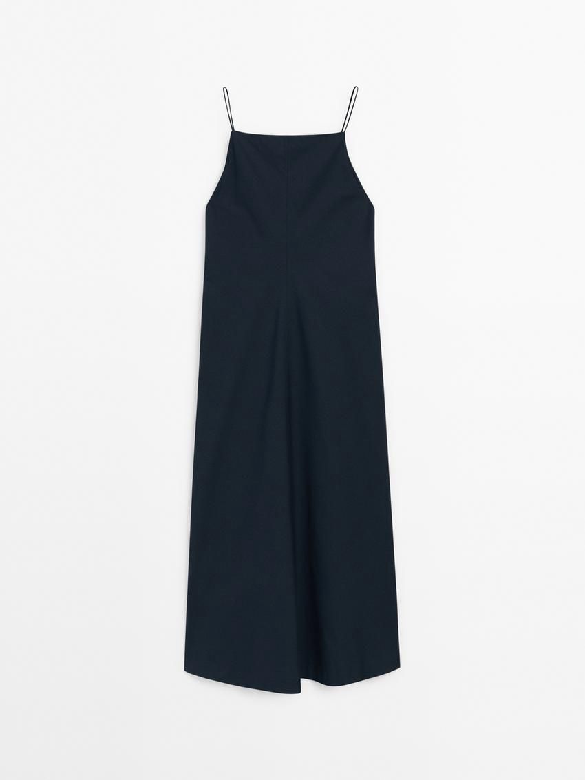 Massimo Dutti Poplin Midi With Straps Women Dress Dark Blue | US-SF4653092