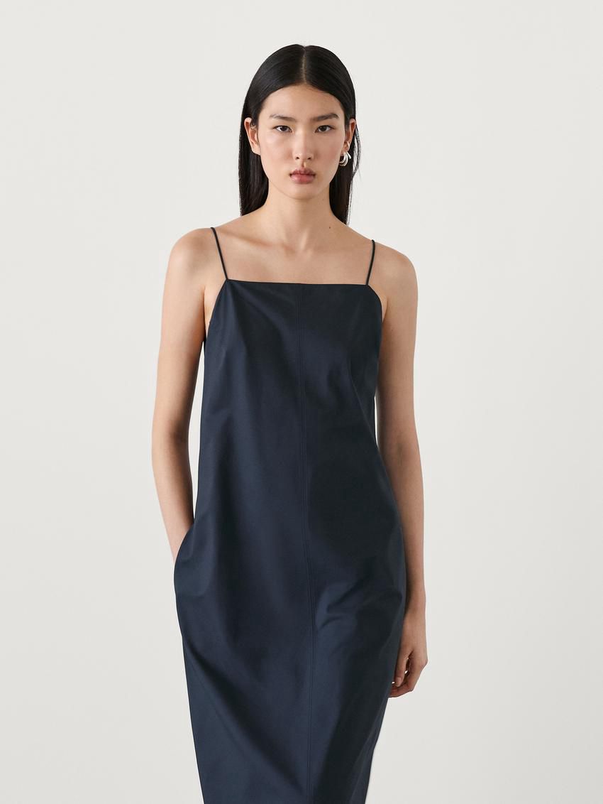 Massimo Dutti Poplin Midi With Straps Women Dress Dark Blue | US-SF4653092
