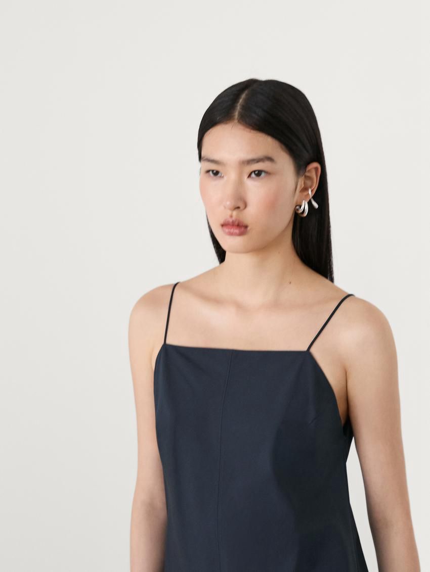 Massimo Dutti Poplin Midi With Straps Women Dress Dark Blue | US-SF4653092