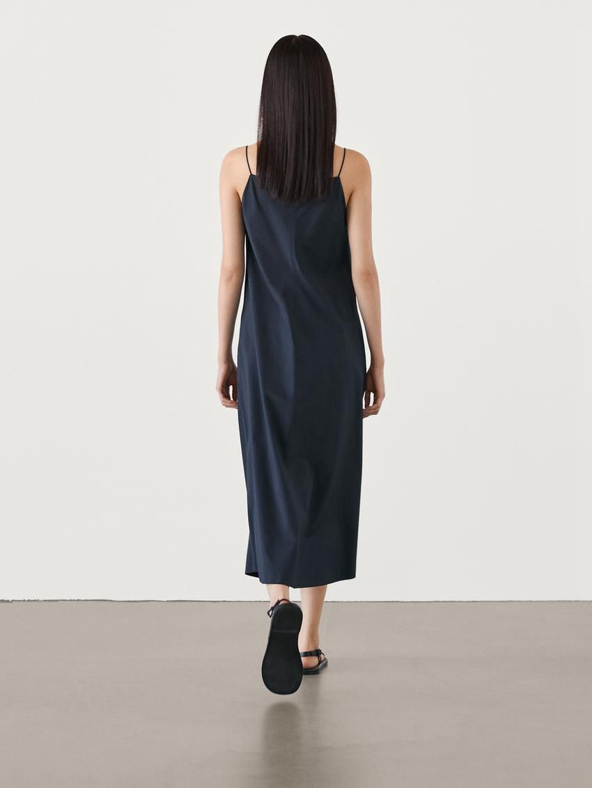 Massimo Dutti Poplin Midi With Straps Women Dress Dark Blue | US-SF4653092
