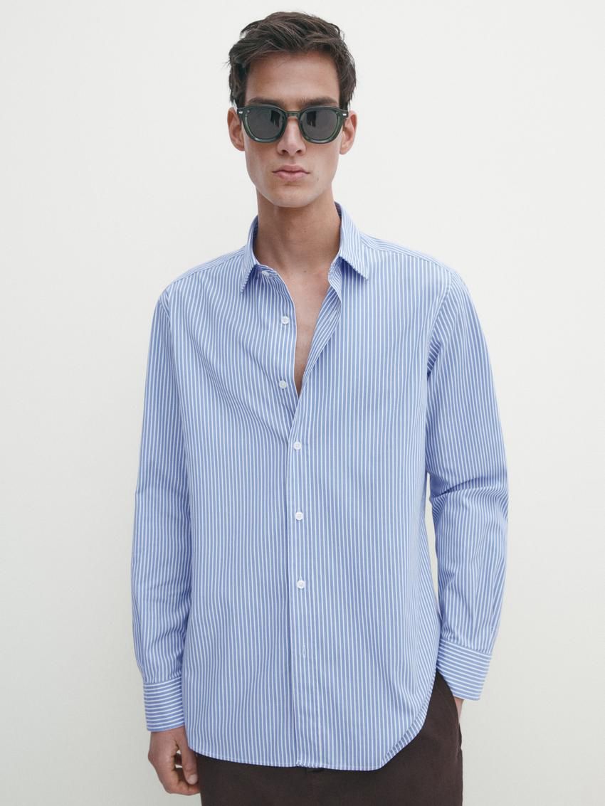 Massimo Dutti Poplin With Micro-stripe Print Men Shirts Blue | US-YI6591724