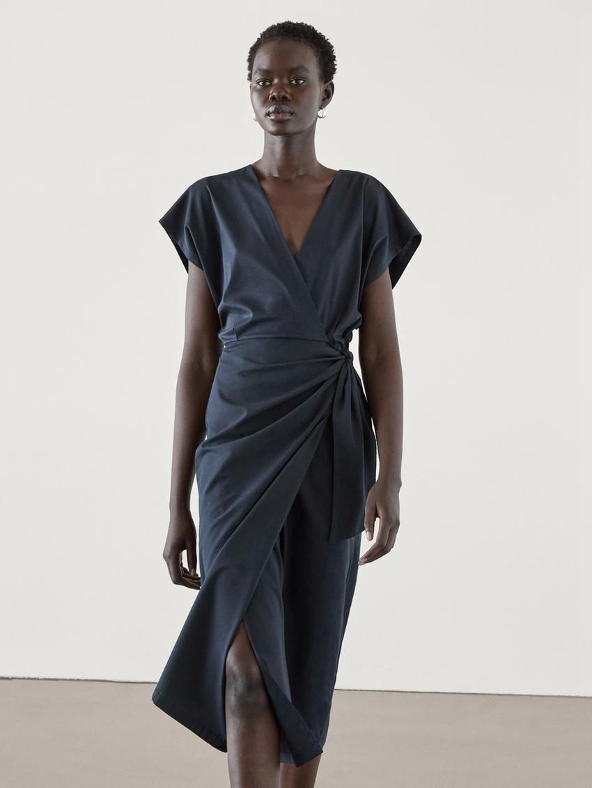 Massimo Dutti Poplin Wrap Midi Women Dress Navy | US-LI4809573