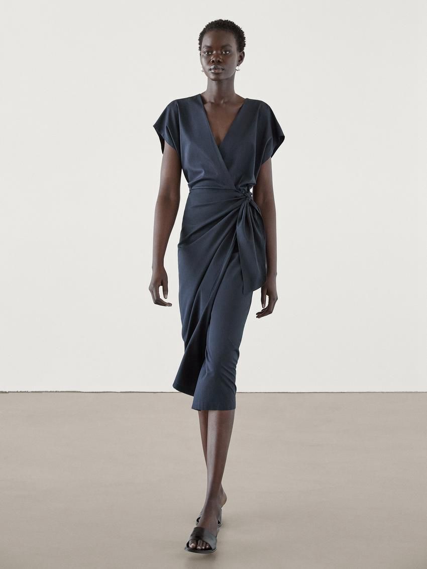 Massimo Dutti Poplin Wrap Midi Women Dress Navy | US-LI4809573