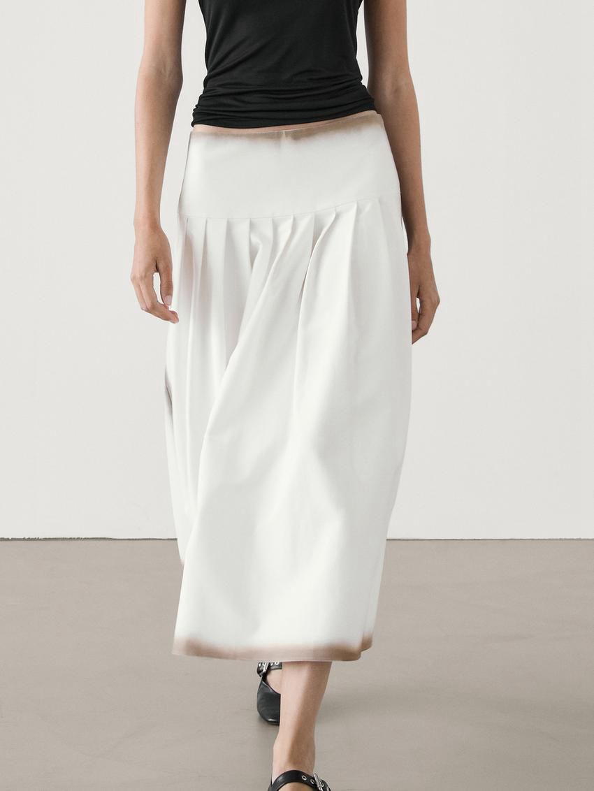 Massimo Dutti Printed Pleated Midi With Yoke Detail Women Skirts White | US-KE6350749