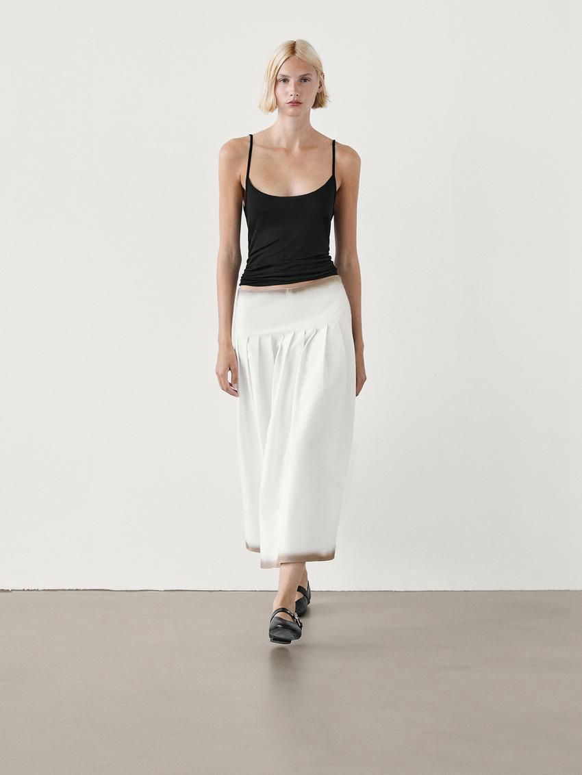 Massimo Dutti Printed Pleated Midi With Yoke Detail Women Skirts White | US-KE6350749