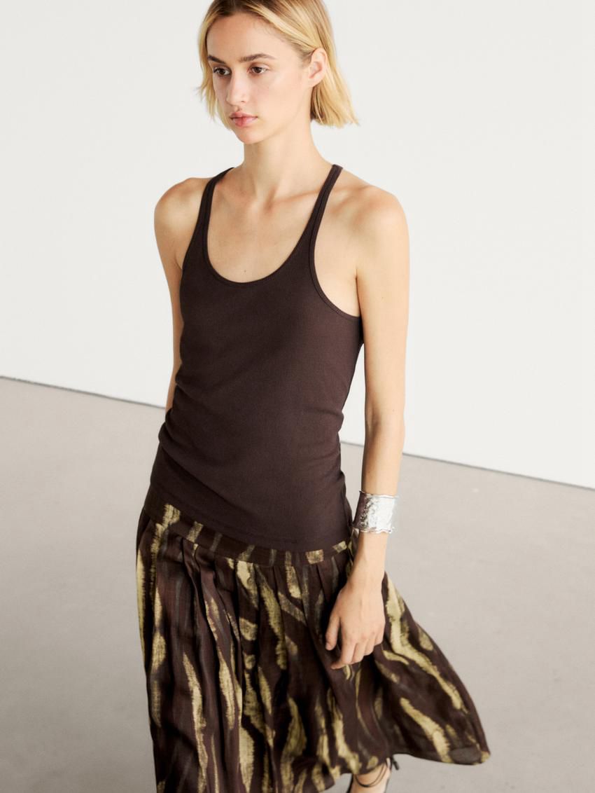Massimo Dutti Printed Pleated Ramie Blend Women Skirts Dark Brown / Green | US-EI8067243