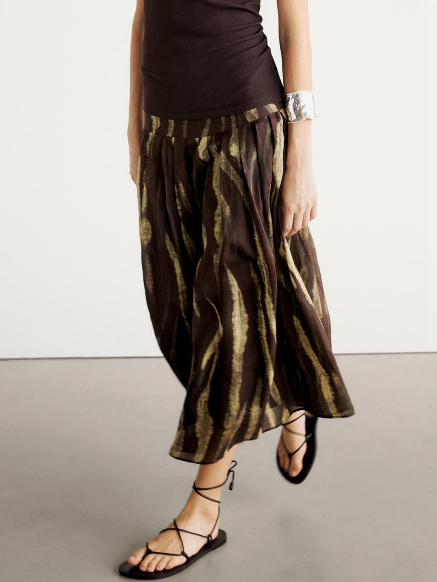 Massimo Dutti Printed Pleated Ramie Blend Women Skirts Dark Brown / Green | US-EI8067243